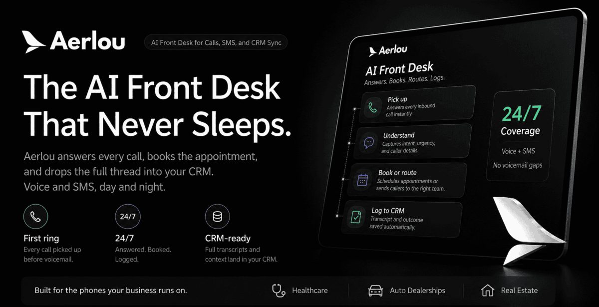 Aerlou website: an AI front desk for voice and SMS.