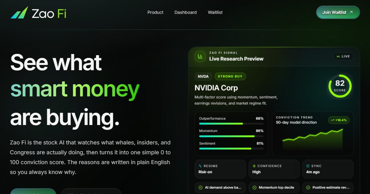 Zao Fi website: See what smart money are buying, with a live conviction score for NVIDIA.